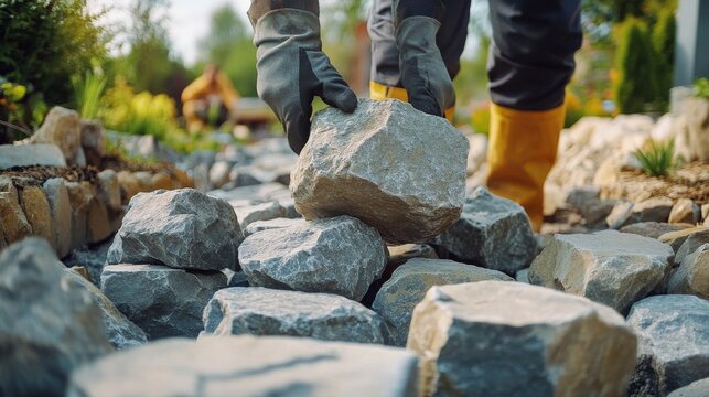 Construction worker moving heavy stones for landscaping. Featuring teamwork and physical effort