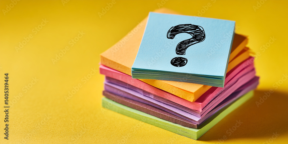 Aufkleber Stack of colorful sticky notes on yellow background, top note features a question mark, symbolizing inquiry, problem-solving, or brainstorming concepts