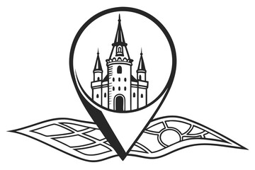 Vector illustration of a church and Big Ben, a famous city tower, showcasing old European architecture in a cartoon design a map location pin icon in house