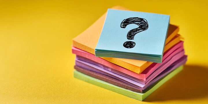 Stack of colorful sticky notes on yellow background, top note features a question mark, symbolizing inquiry, problem-solving, or brainstorming concepts - Powered by Adobe