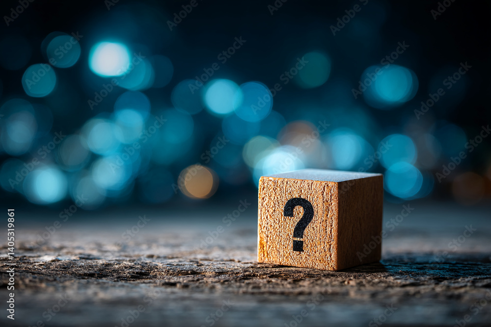 Aufkleber Wooden cube with question mark on textured surface, blurred teal bokeh background, symbolizing uncertainty, inquiry, or problem-solving