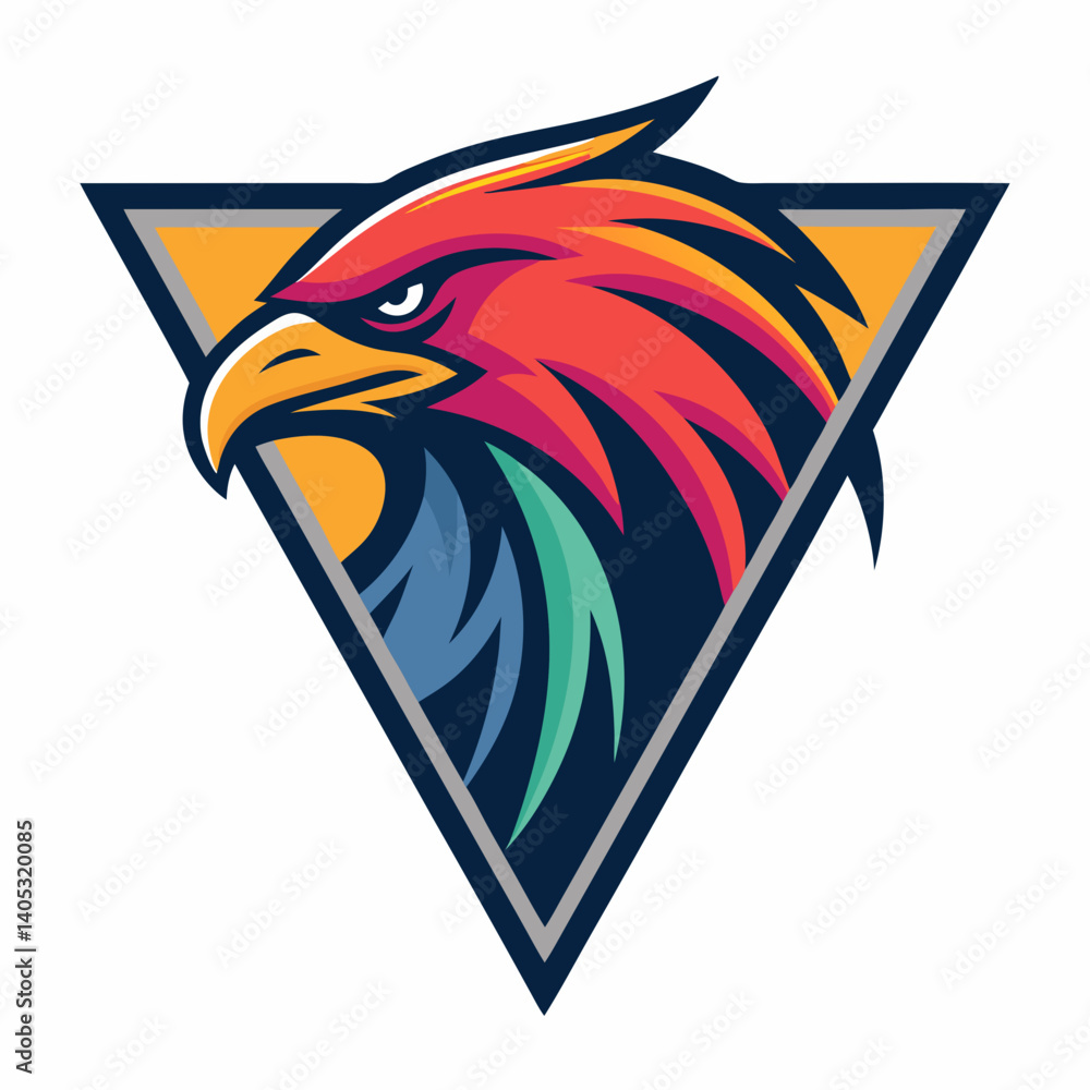 Poster design a vector logo a bold-stroked triangle badge. use vibrant color gradients.