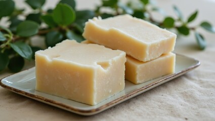 Handmade Soap Bars Displayed on Ceramic Plate Natural Setting Product Photography Minimalist Style
