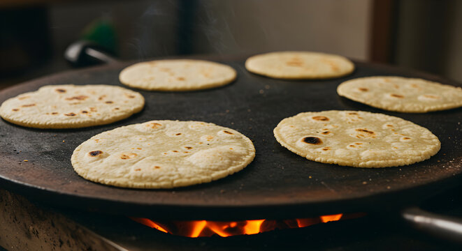 Freshly Made Corn Tortillas Cooking on a Traditional Comal