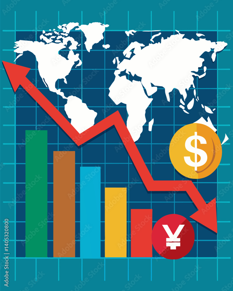 Poster a stock market display showing sharp drops in the value of a countrys currency against others.. vect