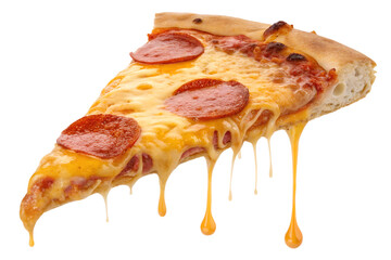 A highly detailed and realistic slice of pepperoni pizza with exaggerated melted cheese and golden sauce dripping from it. The slice is isolated on a transparent background, making it ideal for food-r