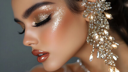 Glamorous evening makeup shines, reflecting luxury, confidence, and radiating beauty