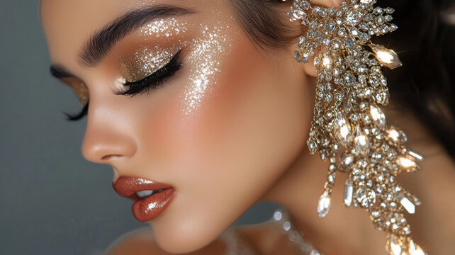 Glamorous evening makeup shines, reflecting luxury, confidence, and radiating beauty
