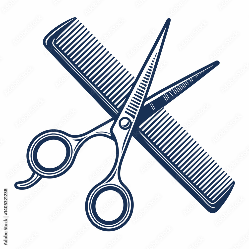 Poster create a vector illustration featuring bold stroked scissors and comb, crafted in a clean, modern st