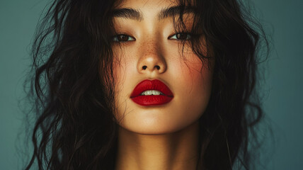 Model, bold lip color, confident expression. She portrait of beauty and self assurance