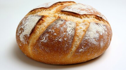 Baked round artisan bread loaf with golden crust on white backdrop