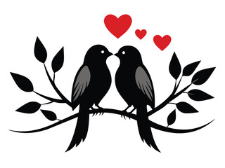 Cute cartoon birds, a lovely couple, on a spring flower branch, a vector art illustration of nature's heart