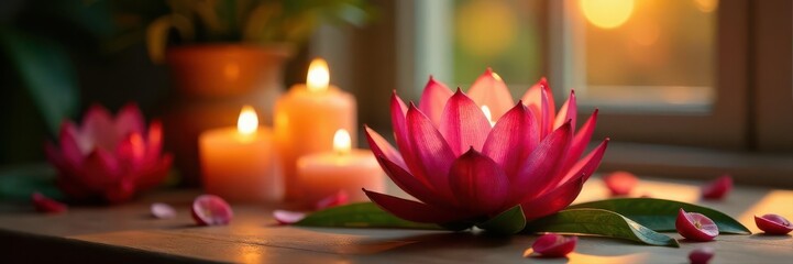 Fototapeta premium Sunlit home, protea arrangement, burning candles, light, floral, interior