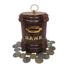 Wooden piggy bank for kids on a plain white background.
