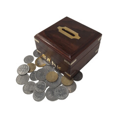 Wooden piggy bank for kids on a plain white background.