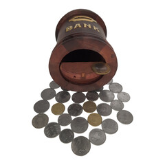 Wooden piggy bank for kids on a plain white background.