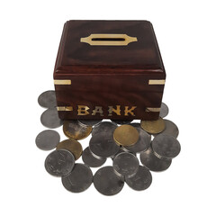 Wooden piggy bank for kids on a plain white background.