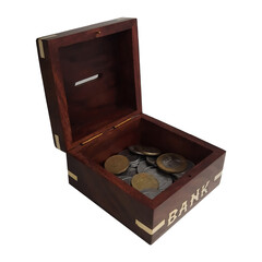 Wooden piggy bank for kids on a plain white background.