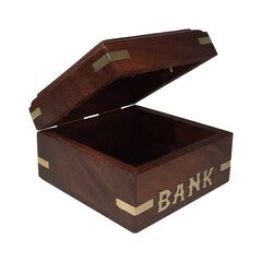 Wooden piggy bank for kids on a plain white background.