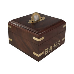 Wooden piggy bank for kids on a plain white background.