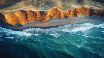 Aerial view of dramatic coastal cliffs and ocean waves.