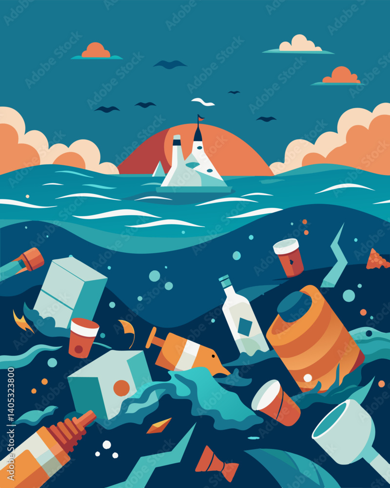 Poster a sea of forgotten items a floating graveyard of discarded consumer goods creating a toxic and deadl