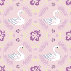 Fototapeta premium Sakura pixel seamless Pattern, cherry flowers, Pixel blossom. Chinese plum spring ornament. Pixel white Swans. Flower pixel. Cross stitch. Design for clothing, textile, wrapping, background, wallpaper