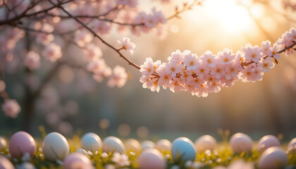 Flowering Branch with Pastel Eggs in a Sunlit Garden Scene