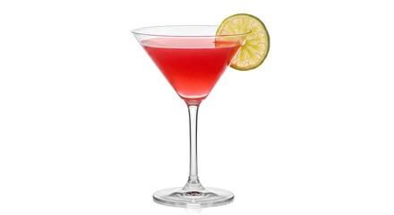 Close up of a cosmopolitan cocktail in a martini glass with a lime wedge against black background