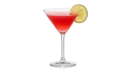 Close up of a cosmopolitan cocktail in a martini glass with a lime wedge against black background