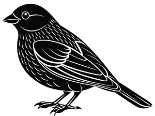 Vector illustration of a black bird silhouette, like a canary or raven, perched on a wild branch, a nature design icon