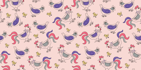 Pattern. Poultry, rooster, hen, chicken, family. Animals, birds on the farm. Graphic design modern continuous line drawing