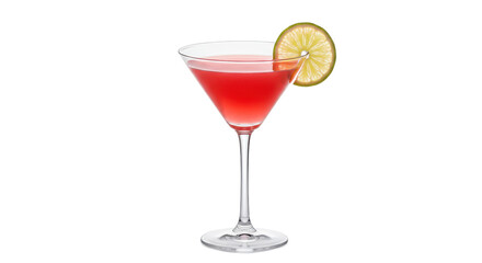 Close up of a red cocktail in a martini glass with a lime wedge against a black background