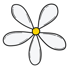 Hand drawn cartoon chamomile daisy on white background.