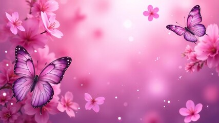 Spring background with butterflies and pink flowers, space for text
