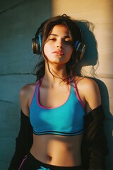 a fashionable woman in crop top and joggers, wearing large headphones and standing in sunlight, vibrant mood, neutral wall in background,