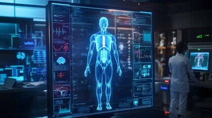 Medical Technology's Marvel: A cutting-edge medical facility showcasing sophisticated holographic projections, revealing the intricate details of the human anatomy.