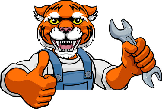 Tiger Plumber Or Mechanic Holding Spanner