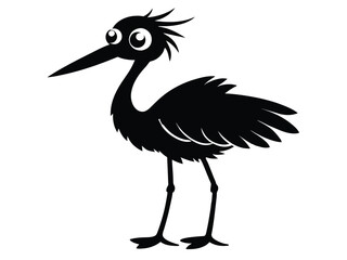 Black crowned storke, a wild black bird with a beak, and a heron, another isolated bird silhouette, stand against the white of nature