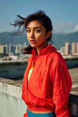 a sporty woman in high-waisted leggings and windbreaker jacket standing on a rooftop, hair blowing in the wind, city skyline in background, urban fashion editorial vibe,