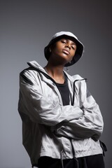a young androgynous model wearing oversized sports jacket and bucket hat, striking a confident pose against a plain gray background, dramatic light and shadow,