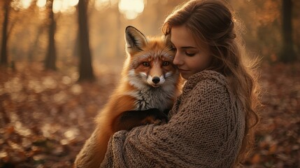 Embracing autumn a woman and her fox in a forest wonderland