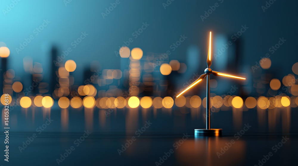 Poster miniature wind turbine glows against blurred cityscape backdrop, symbolizing renewable energy in urb