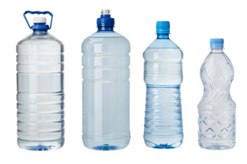 Four transparent plastic bottles with blue caps filled with water, isolated on a transparent background...