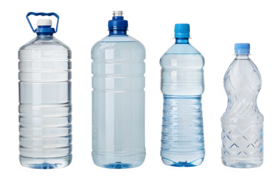 Four transparent plastic bottles with blue caps filled with water, isolated on a transparent background...