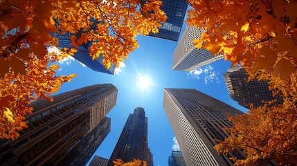 Obraz premium Autumn cityscape, skyscrapers, sun, leaves