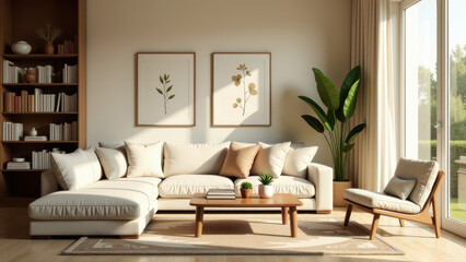 A living room with a white couch and a wooden coffee table