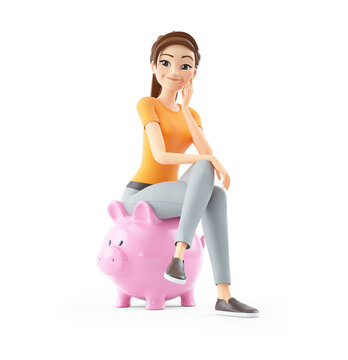 3d woman sitting on piggy bank