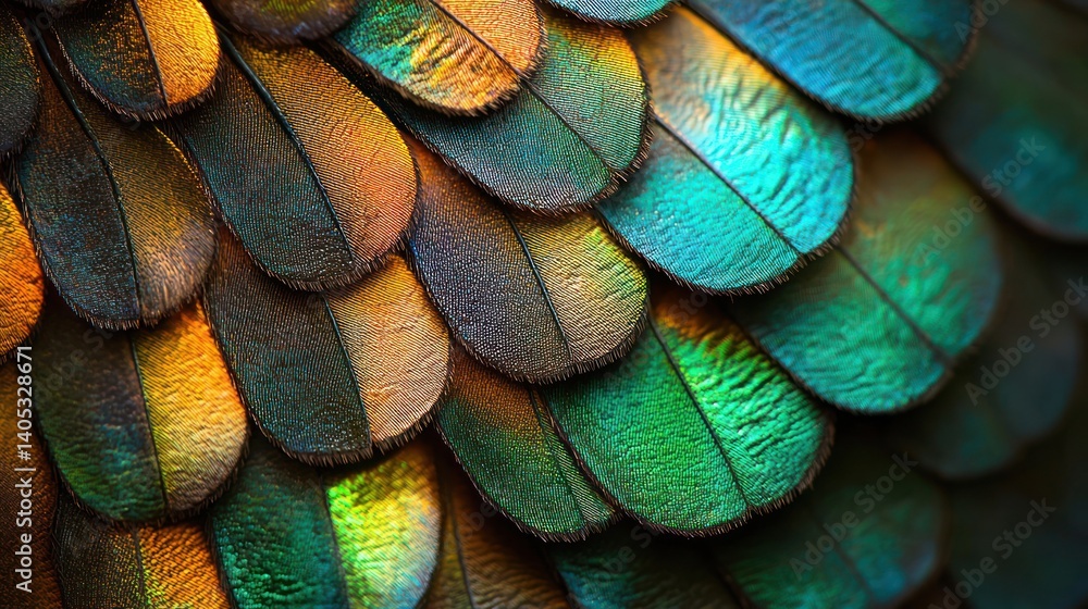 Poster close-up of vibrant bird feathers, showcasing a mosaic of iridescent colors. detailed texture and pa