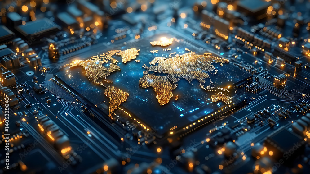 Poster a global map on a microchip symbolizes the interconnectedness of global semiconductor trade.